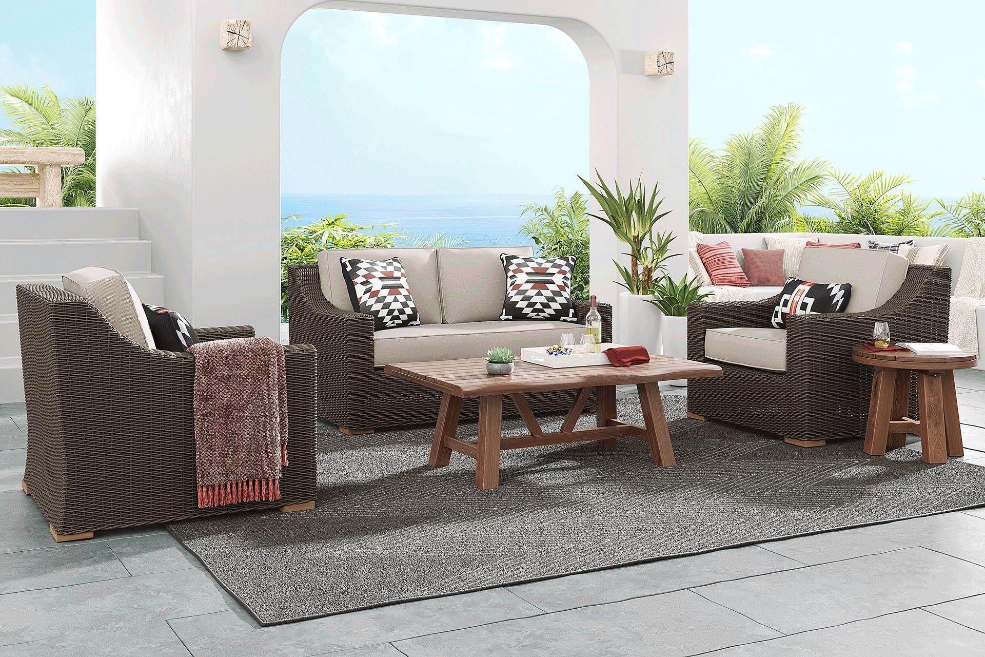 Patmos Brown 4 Pc Outdoor Loveseat Seating Set with Linen Cushions - Image 1