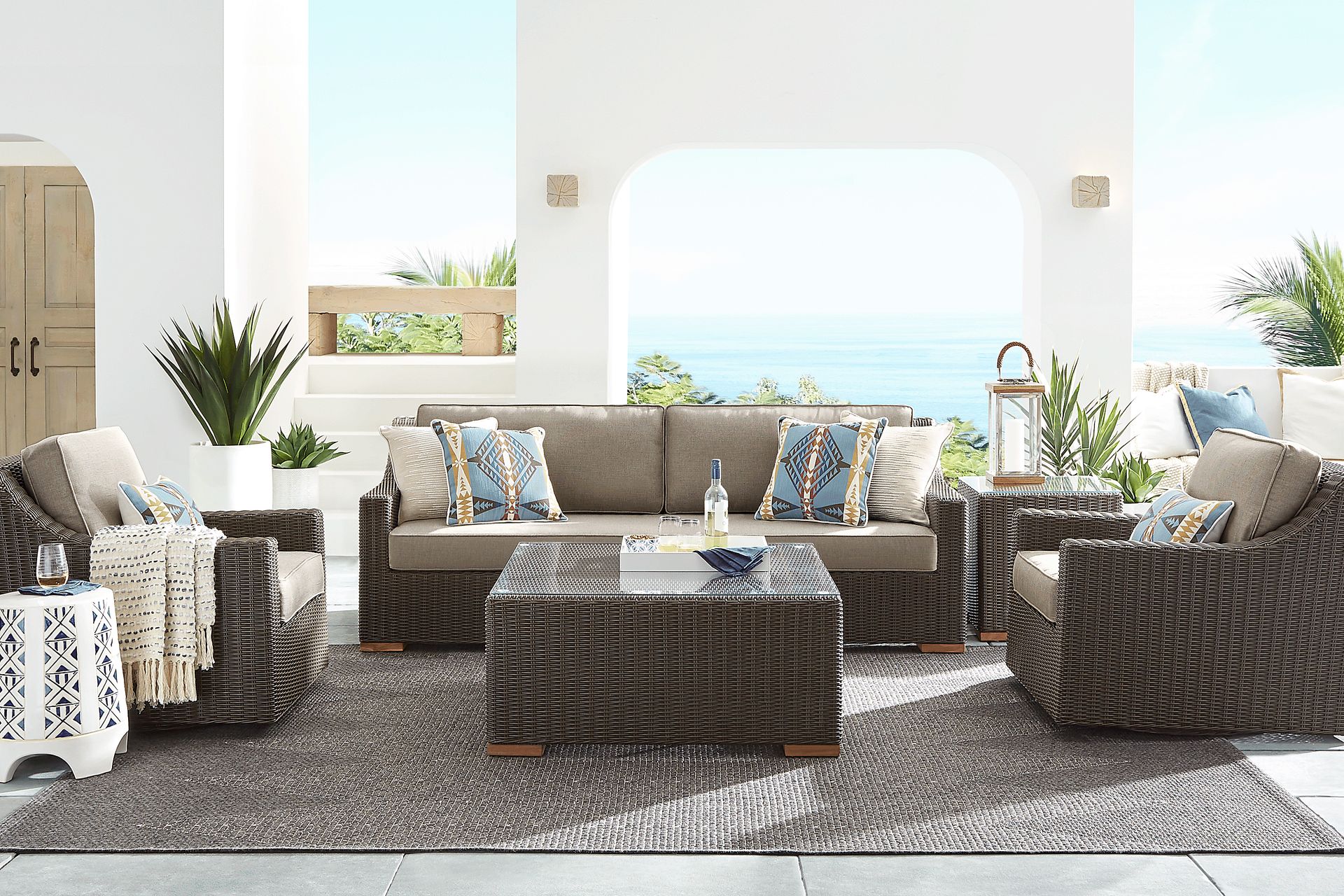 Patmos Brown 4 Pc Outdoor Sofa Seating Set with Mushroom Cushions - Image 1
