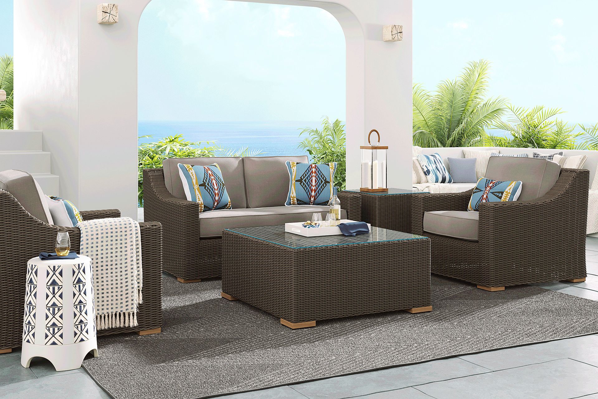 Patmos Brown 4 Pc Outdoor Loveseat Seating Set with Mushroom Cushions - Image 1