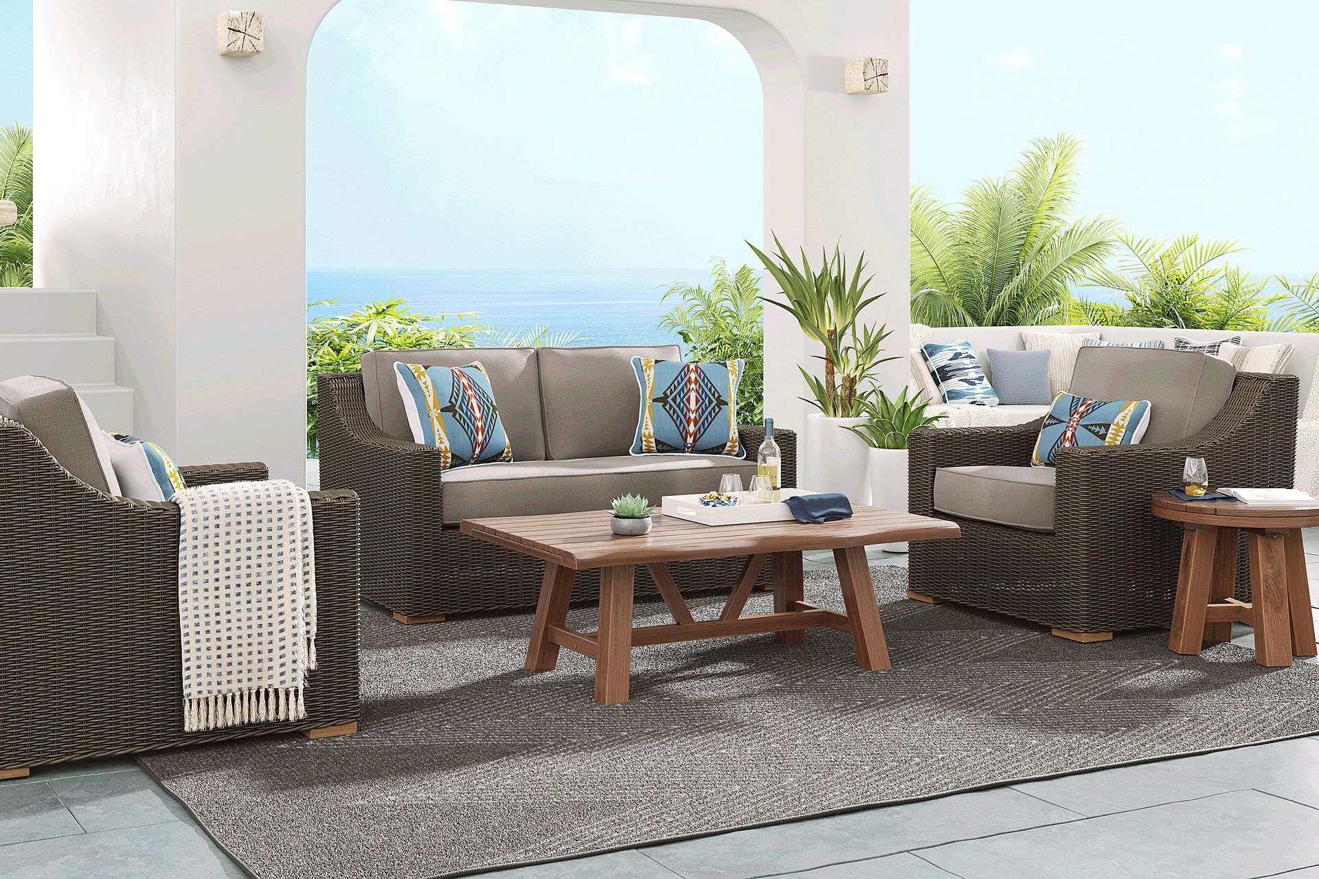 Patmos Brown 4 Pc Outdoor Loveseat Seating Set with Mushroom Cushions - Image 1