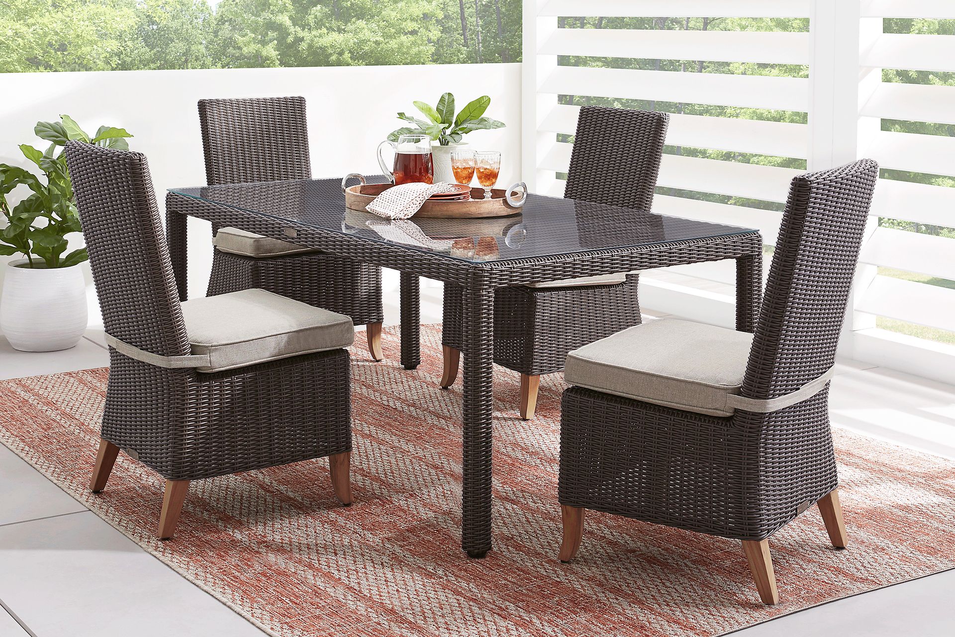 Patmos Brown 5 Pc Outdoor Dining Set with Linen Cushions - Image 1