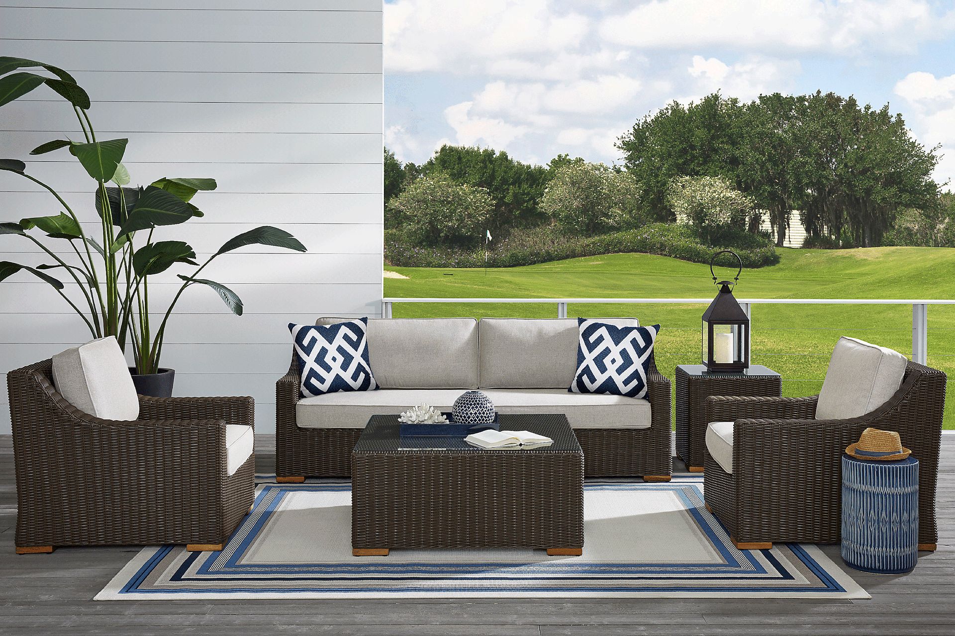 Patmos Brown 6 Pc Outdoor Seating Set with Linen Cushions - Image 1
