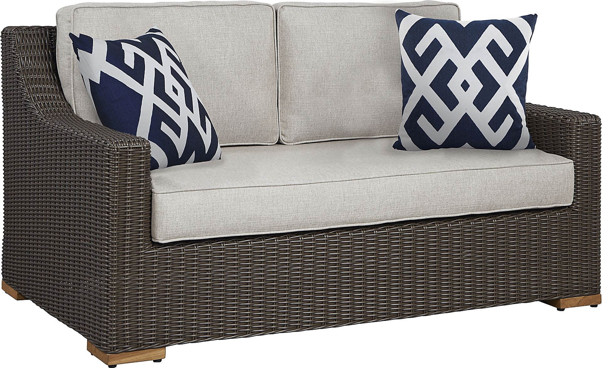 Patmos Brown Outdoor Loveseat with Linen Cushions - Image 1