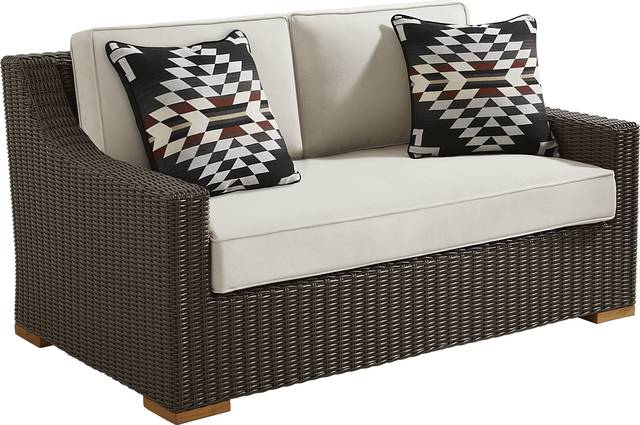 Patmos Brown Outdoor Loveseat with Linen Cushions - Thumbnail - Image 2