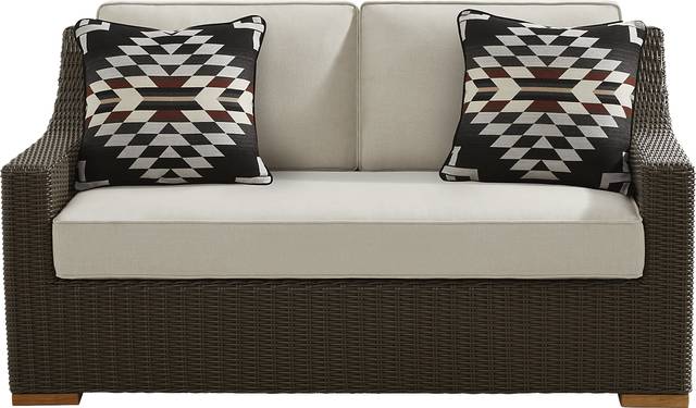 Patmos Brown Outdoor Loveseat with Linen Cushions - Thumbnail - Image 1