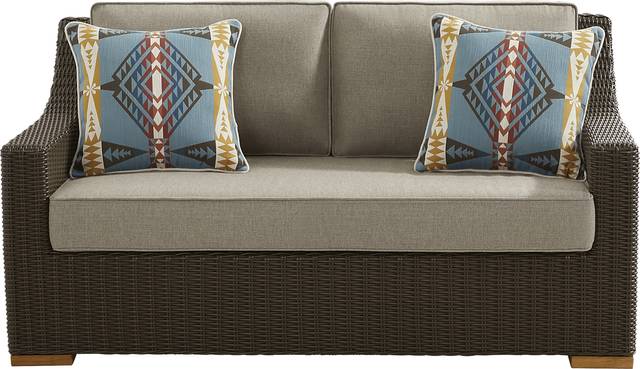 Patmos Brown Outdoor Loveseat with Mushroom Cushions - Thumbnail - Image 1