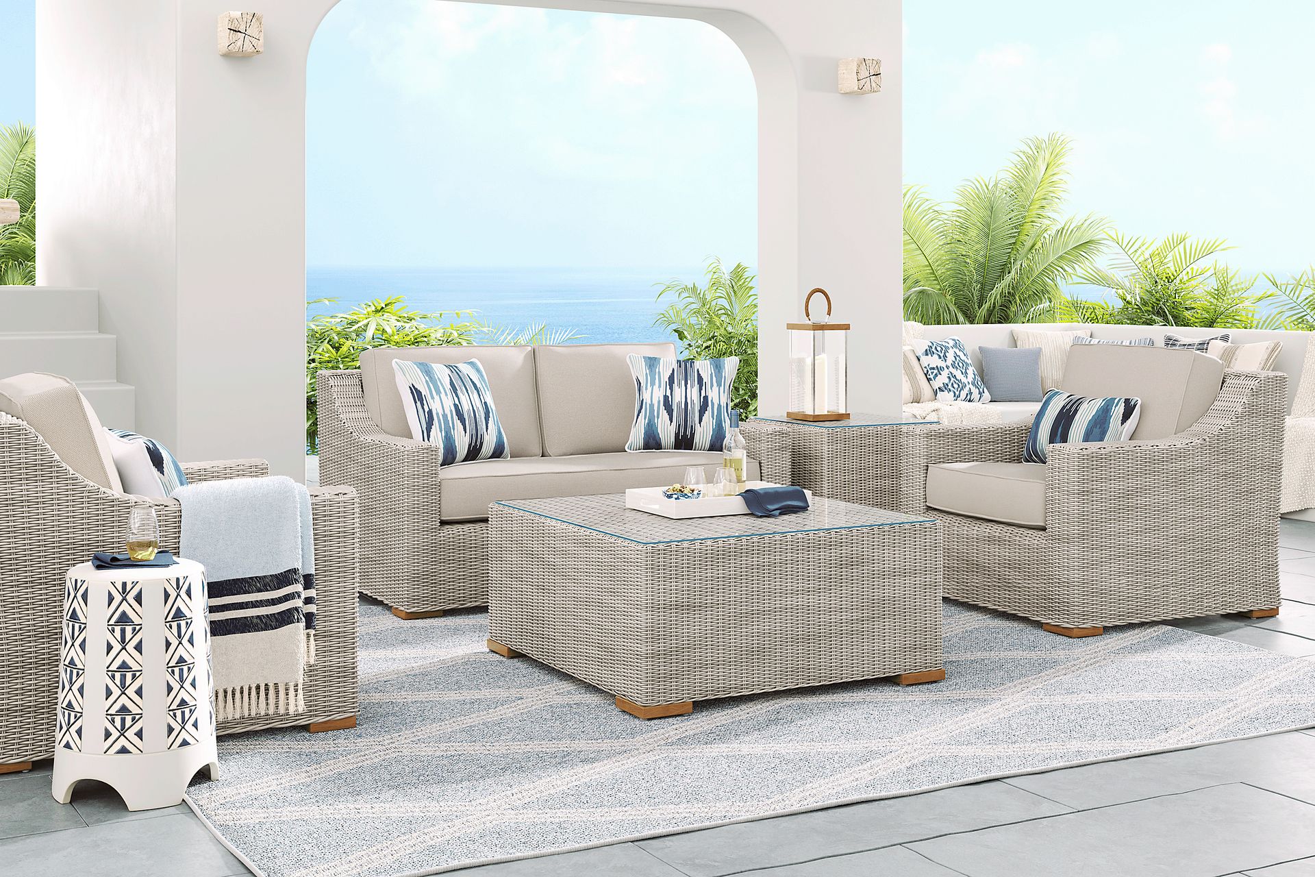 Patmos Gray 4 Pc Outdoor Loveseat Seating Set with Linen Cushions - Image 1