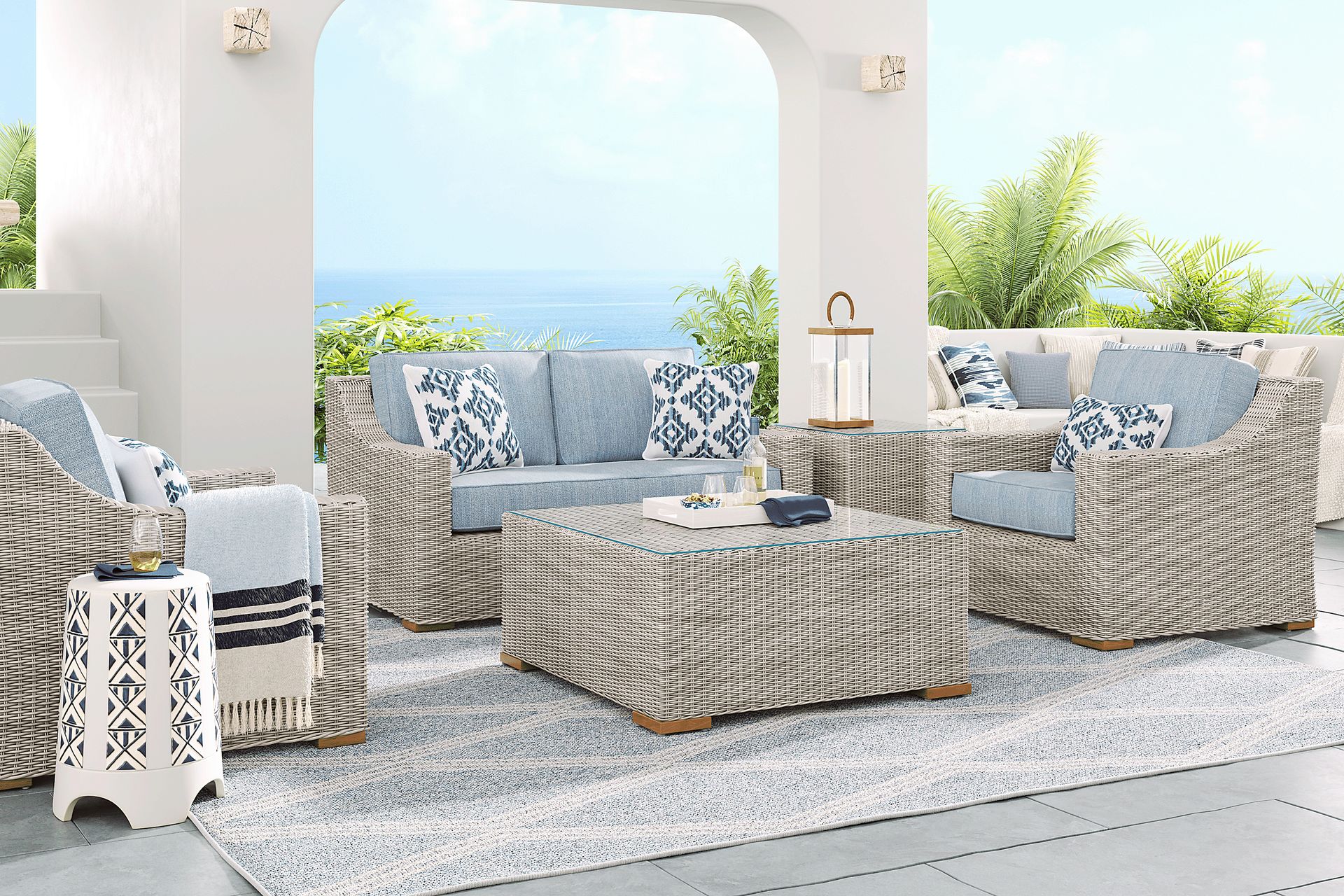 Patmos Gray 4 Pc Outdoor Loveseat Seating Set with Steel Cushions - Image 1
