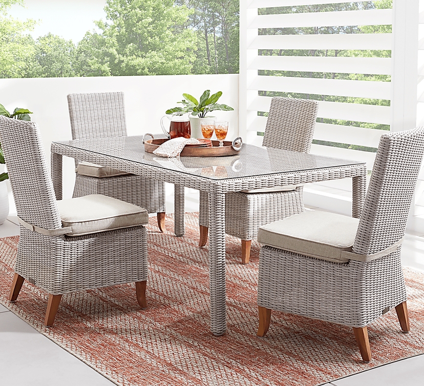Patmos 5 Pc Gray Linen Beige Wicker Outdoor Dining Set With Rectangle Dining Table, Side Chair