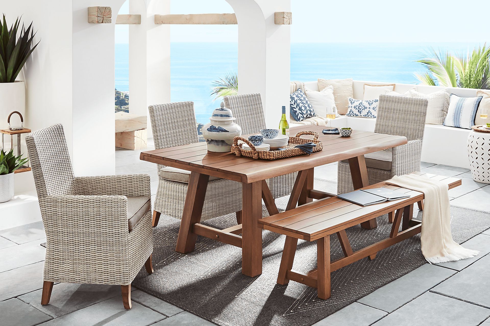 Patmos Tan 6 Pc 78 in. Rectangle Outdoor Dining Set With Mushroom Cushions - Image 1