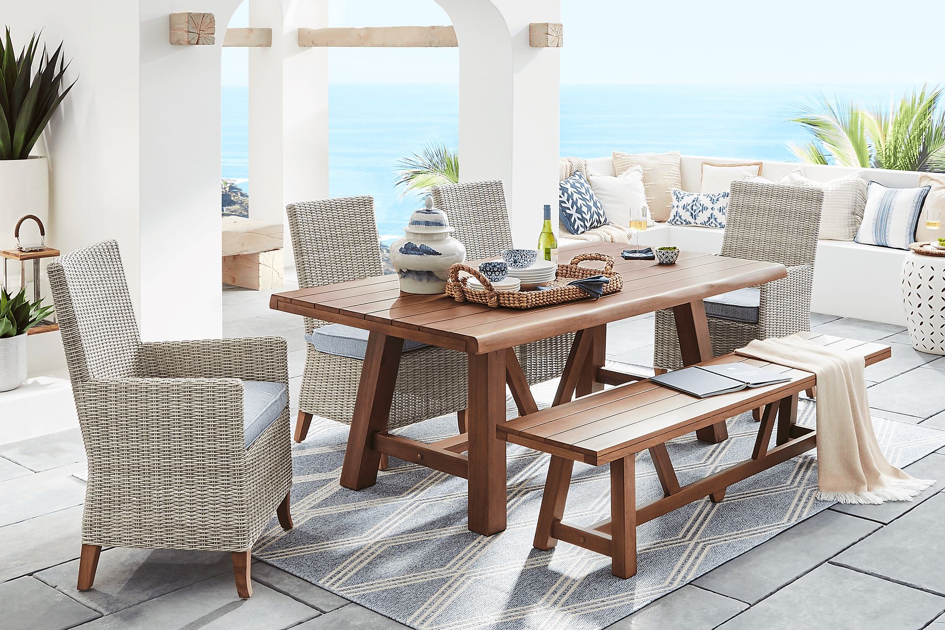 Patmos Tan 6 Pc 78 in. Rectangle Outdoor Dining Set With Steel Cushions - Image 1