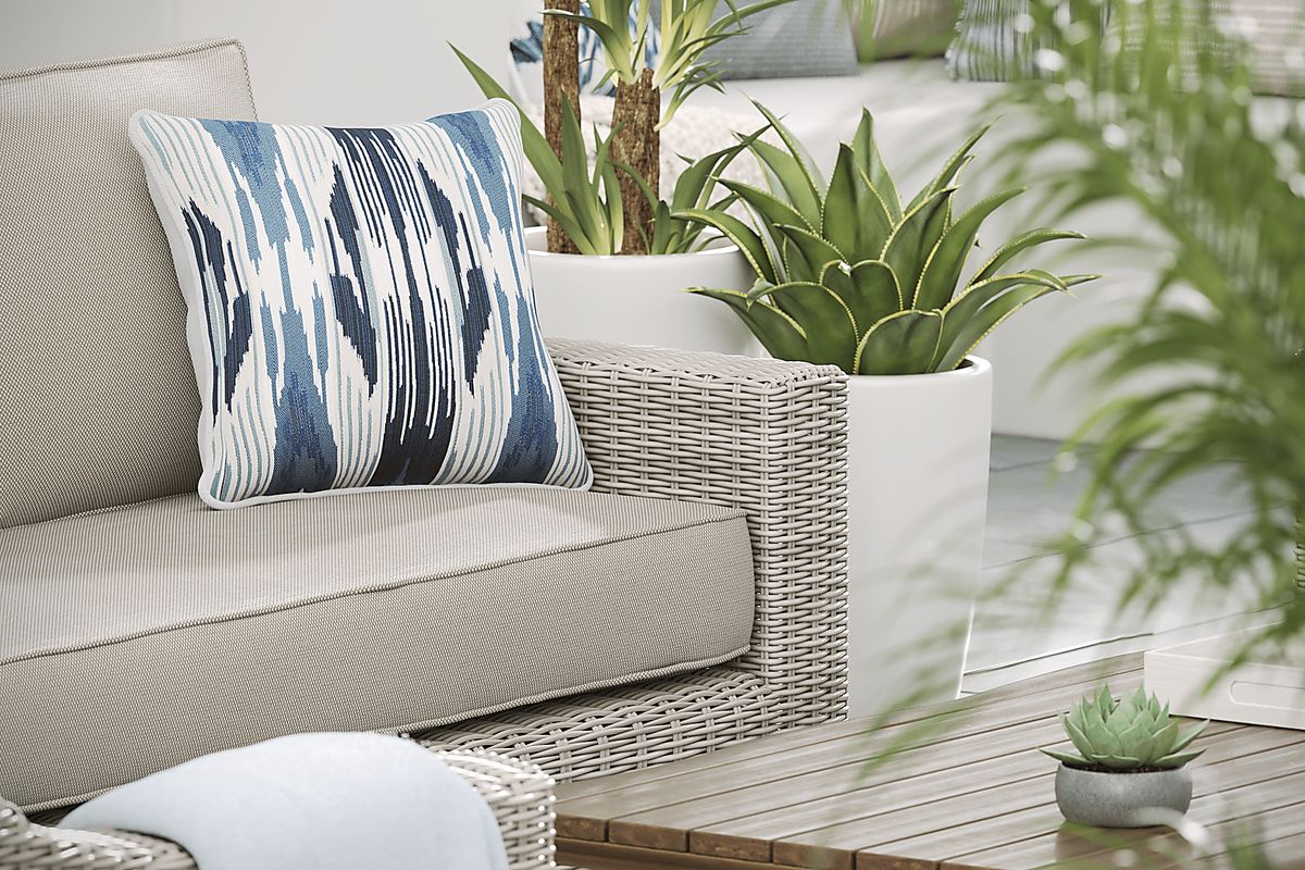 Patmos Gray Linen Beige Wicker Outdoor Loveseat | Rooms to Go