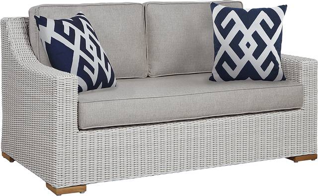 Patmos Gray Outdoor Loveseat with Mushroom Cushions - Thumbnail - Image 1