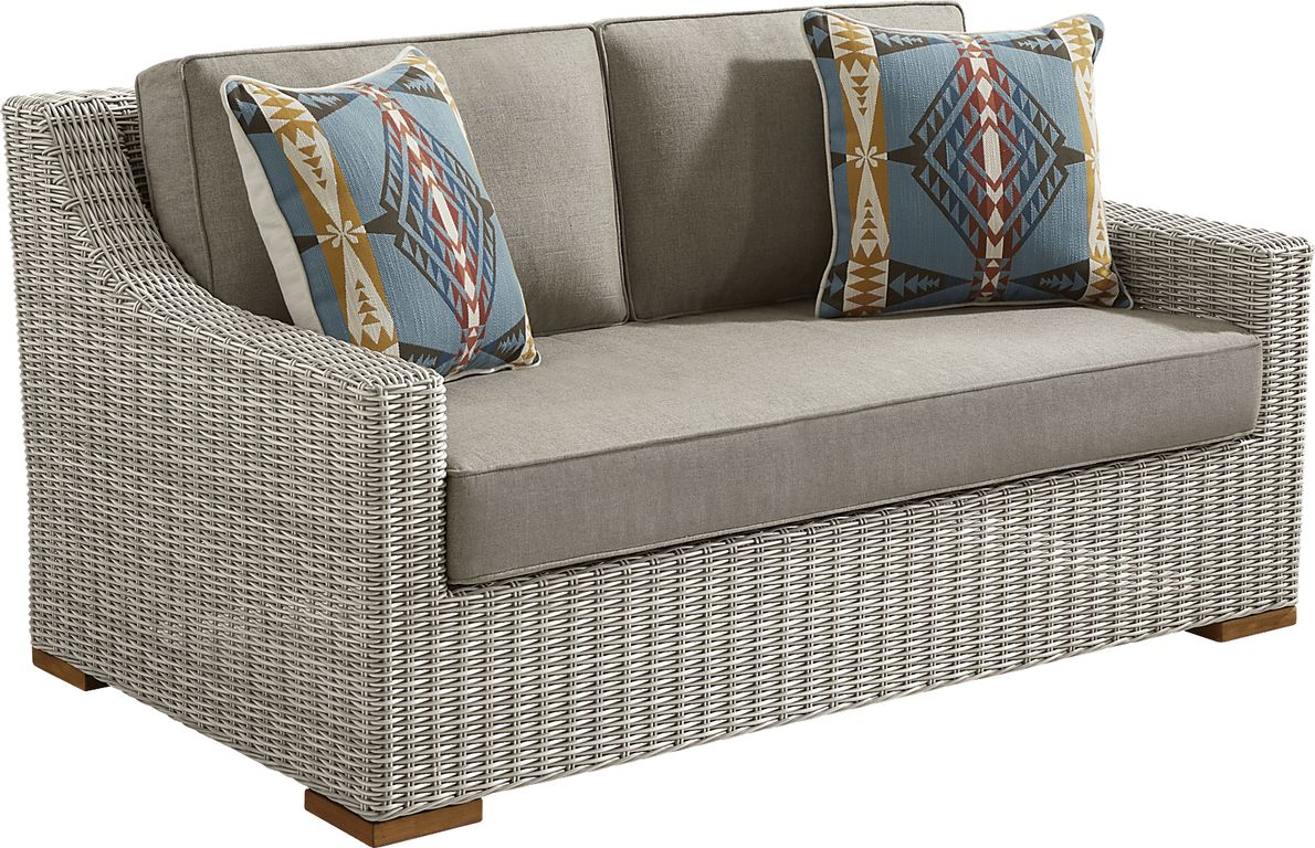 Patmos Gray Outdoor Loveseat with Mushroom Cushions Rooms To Go