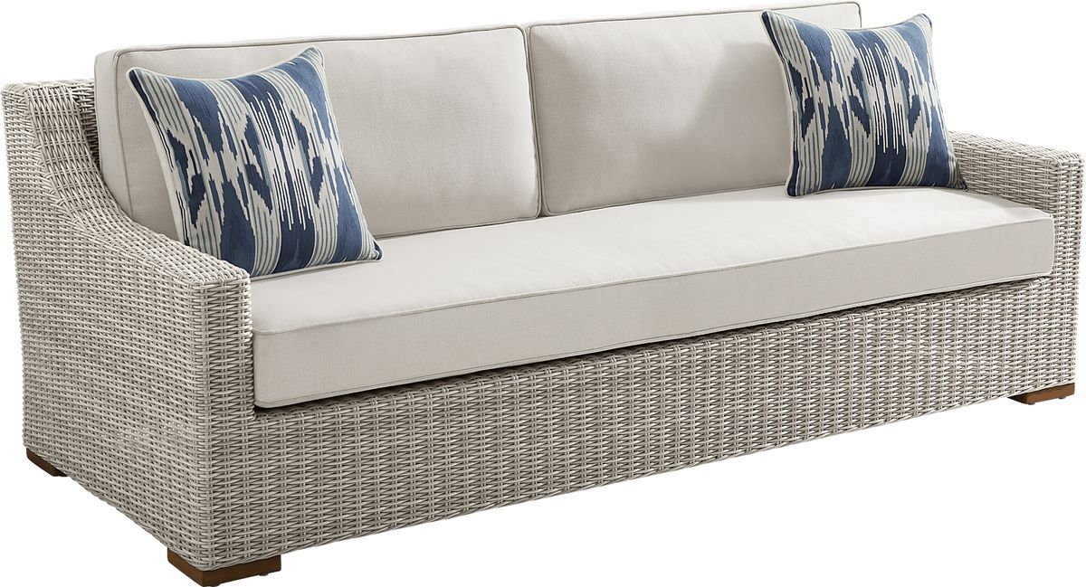 Patmos Gray Linen Beige Wicker Outdoor Sofa | Rooms to Go