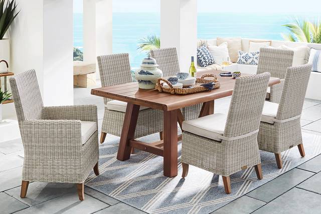 Patmos Tan 5 Pc 78 in. Rectangle Outdoor Dining Set With Linen Cushions - Thumbnail - Image 1