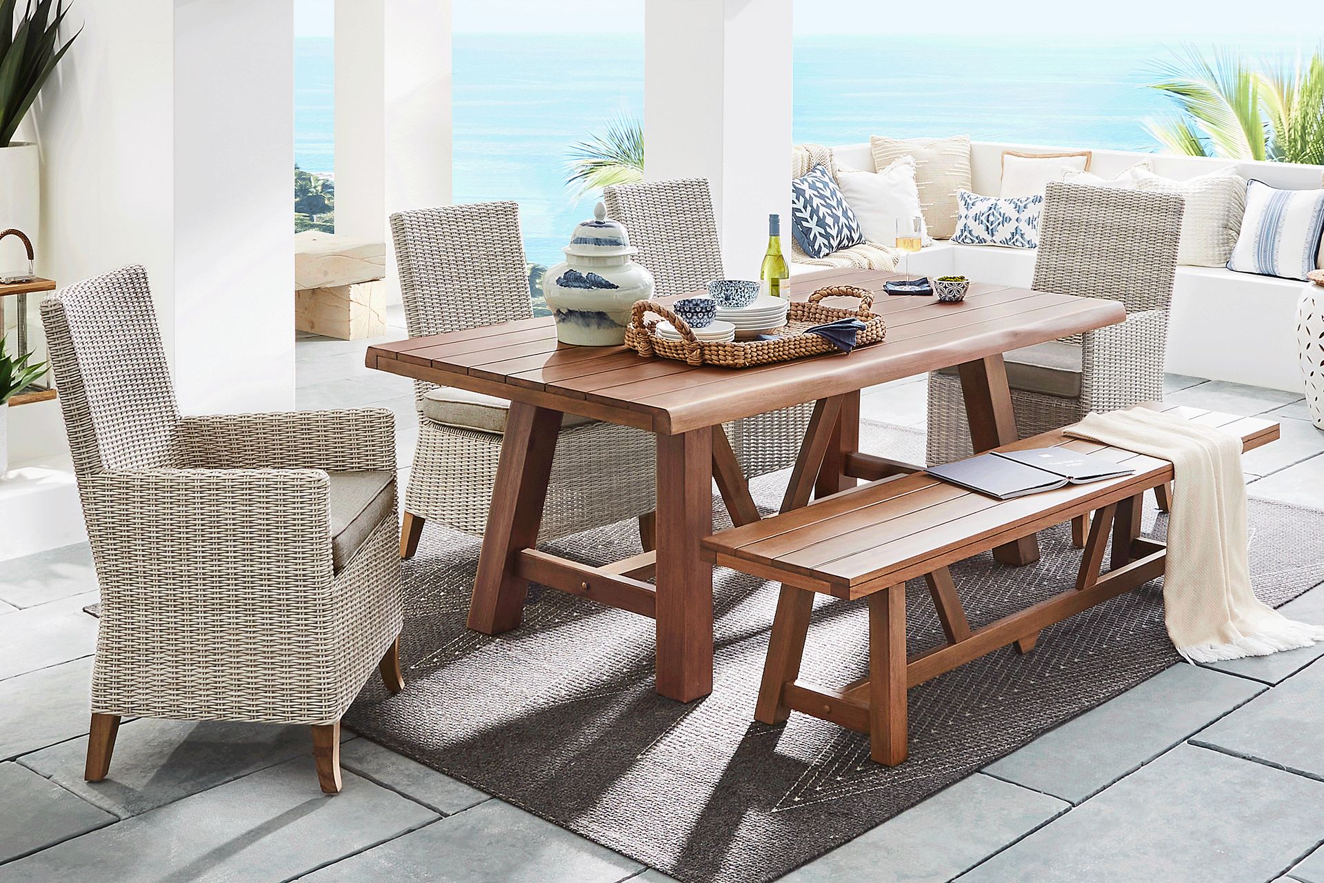 Patmos Tan 5 Pc 78 in. Rectangle Outdoor Dining Set With Mushroom Cushions - Image 1