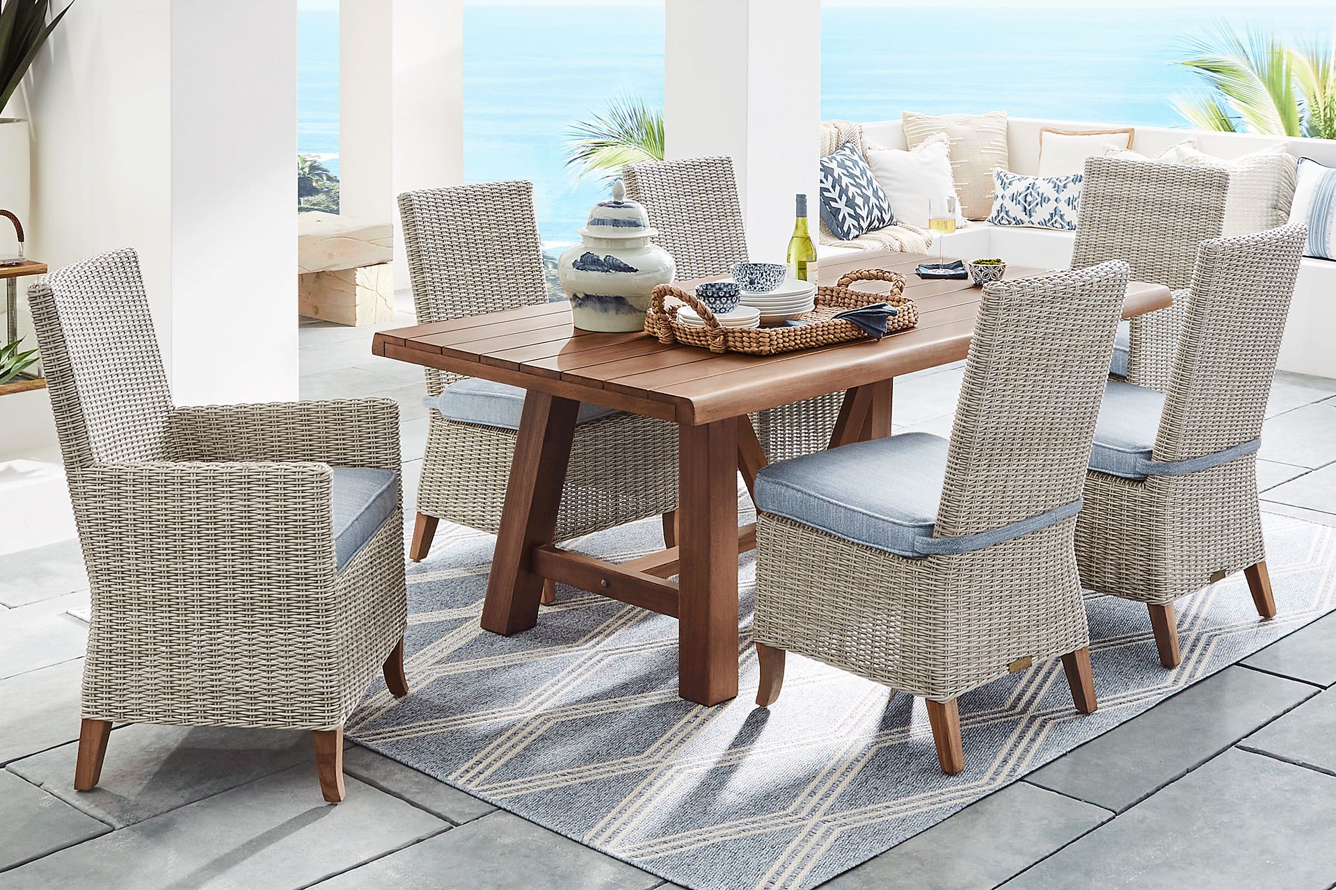 Patmos Tan 5 Pc 78 in. Rectangle Outdoor Dining Set With Steel Cushions - Image 1