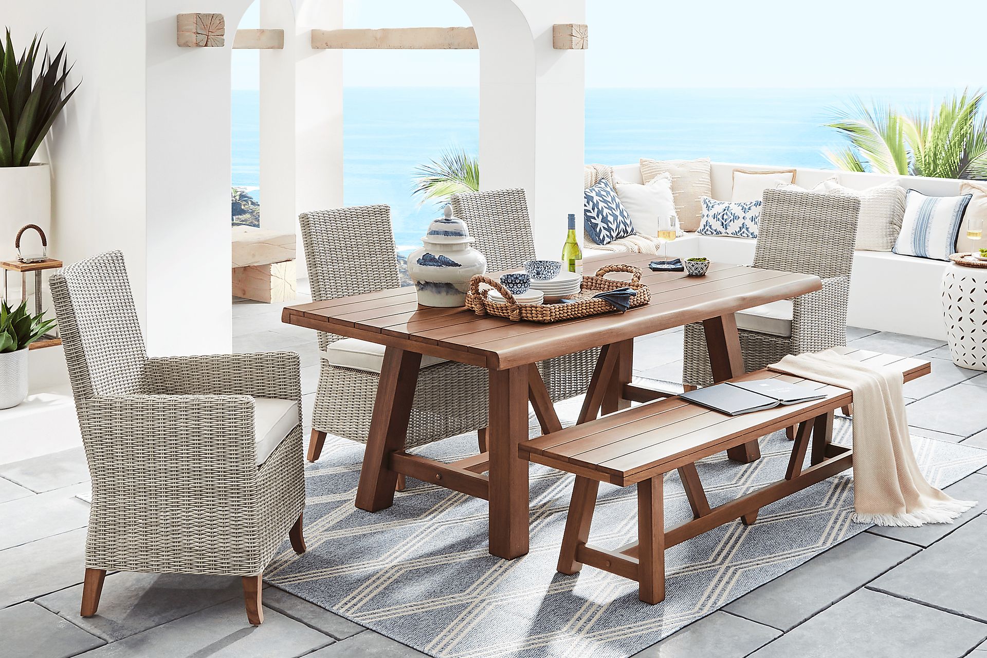 Patmos Tan 6 Pc 78 in. Rectangle Outdoor Dining Set With Linen Cushions - Image 1