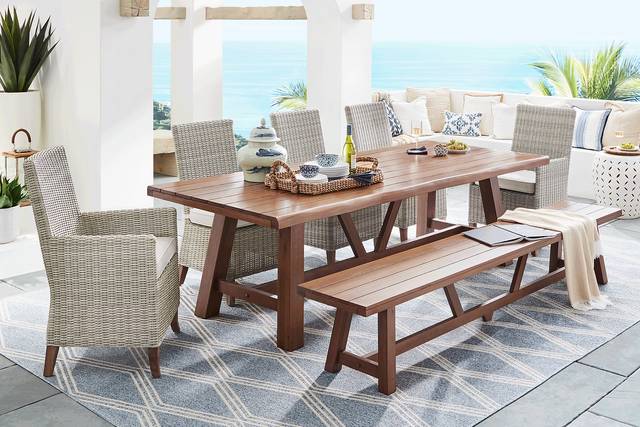 Patmos Tan 7 Pc 102 in. Rectangle Outdoor Dining Set With Linen Cushions and Bench - Thumbnail - Image 1
