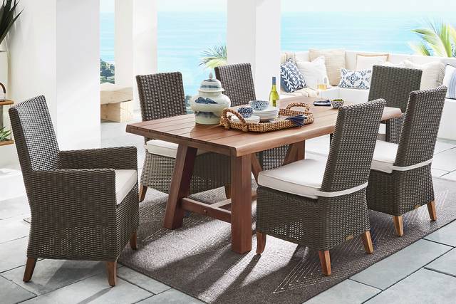 Patmos Tan 7 Pc 102 in. Rectangle Outdoor Dining Set With Linen Cushions - Thumbnail - Image 1