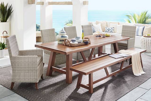 Patmos Tan 7 Pc 102 in. Rectangle Outdoor Dining Set With Mushroom Cushions and Bench - Thumbnail - Image 1