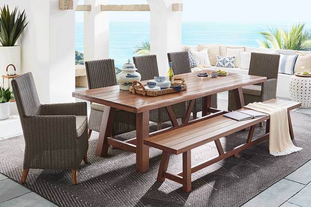 Patmos Tan 7 Pc 102 in. Rectangle Outdoor Dining Set With Mushroom Cushions and Bench - Thumbnail - Image 1