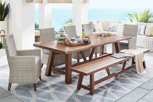 Patmos Tan 7 Pc 102 in. Rectangle Outdoor Dining Set With Steel Cushions and Bench - Thumbnail - Image 1
