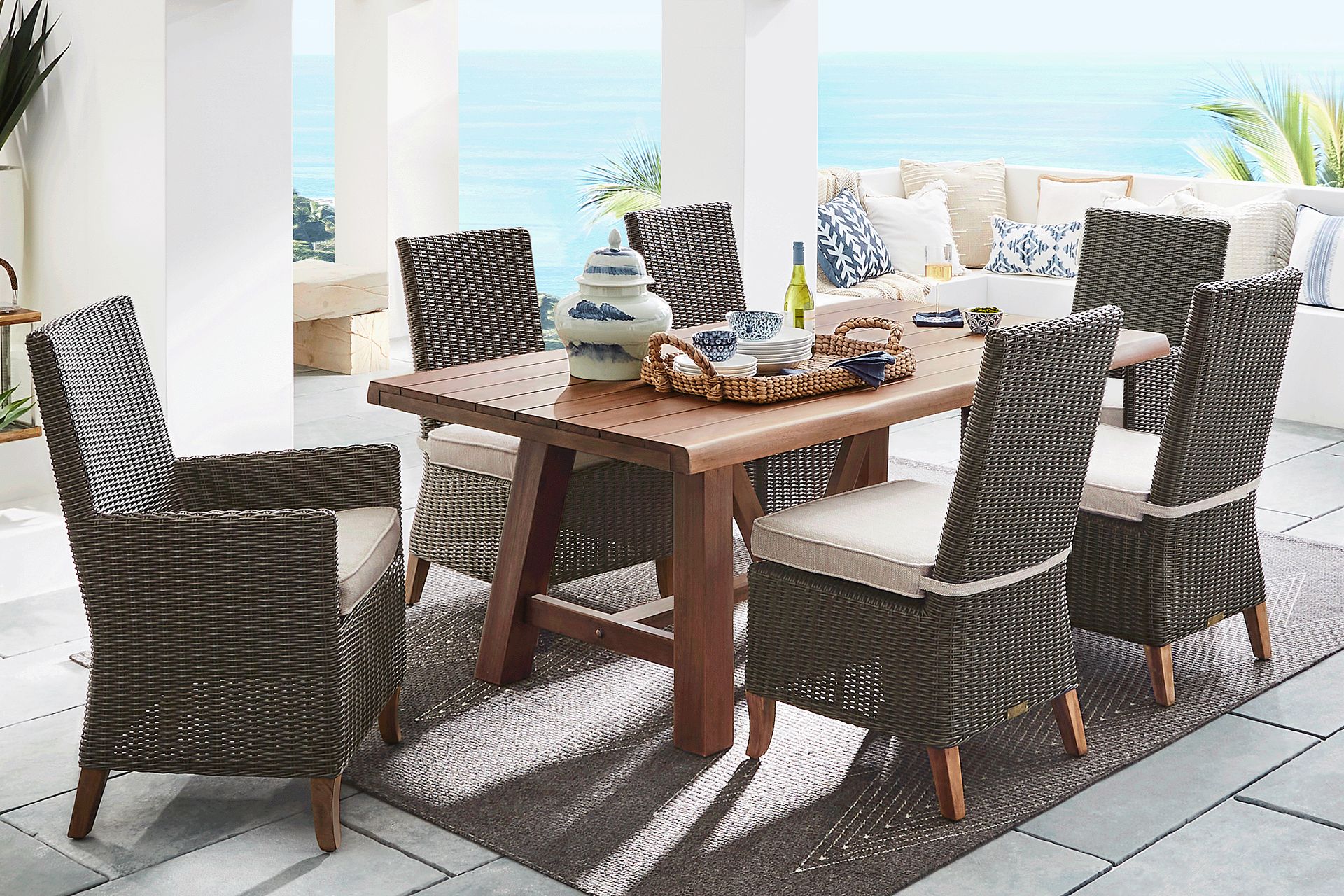 Patmos Tan 7 Pc 102 in. Rectangle Outdoor Dining Set With Twine Cushions - Image 1