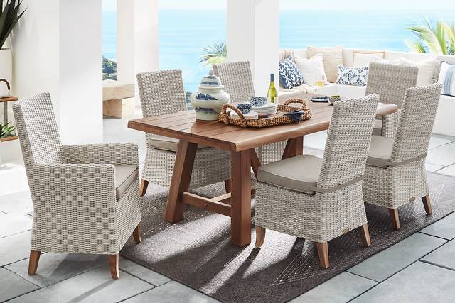 Patmos Tan 7 Pc 78 in. Rectangle Outdoor Dining Set With Mushroom Cushions - Thumbnail - Image 1
