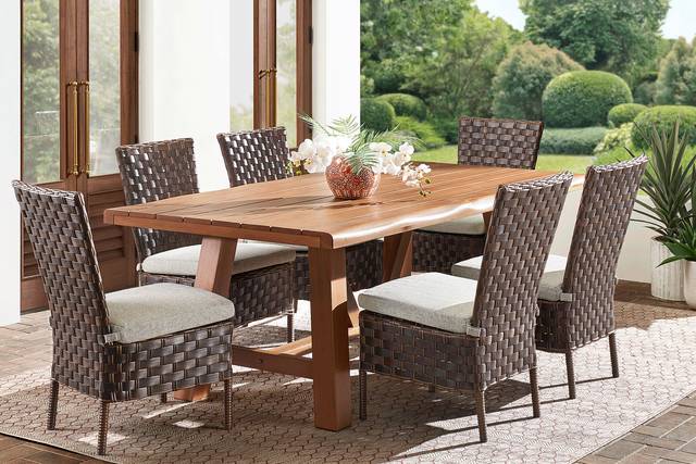 Mantra Brown 7 Pc 78 in. Wood Outdoor Dining Set with Ash Cushions - Thumbnail - Image 1