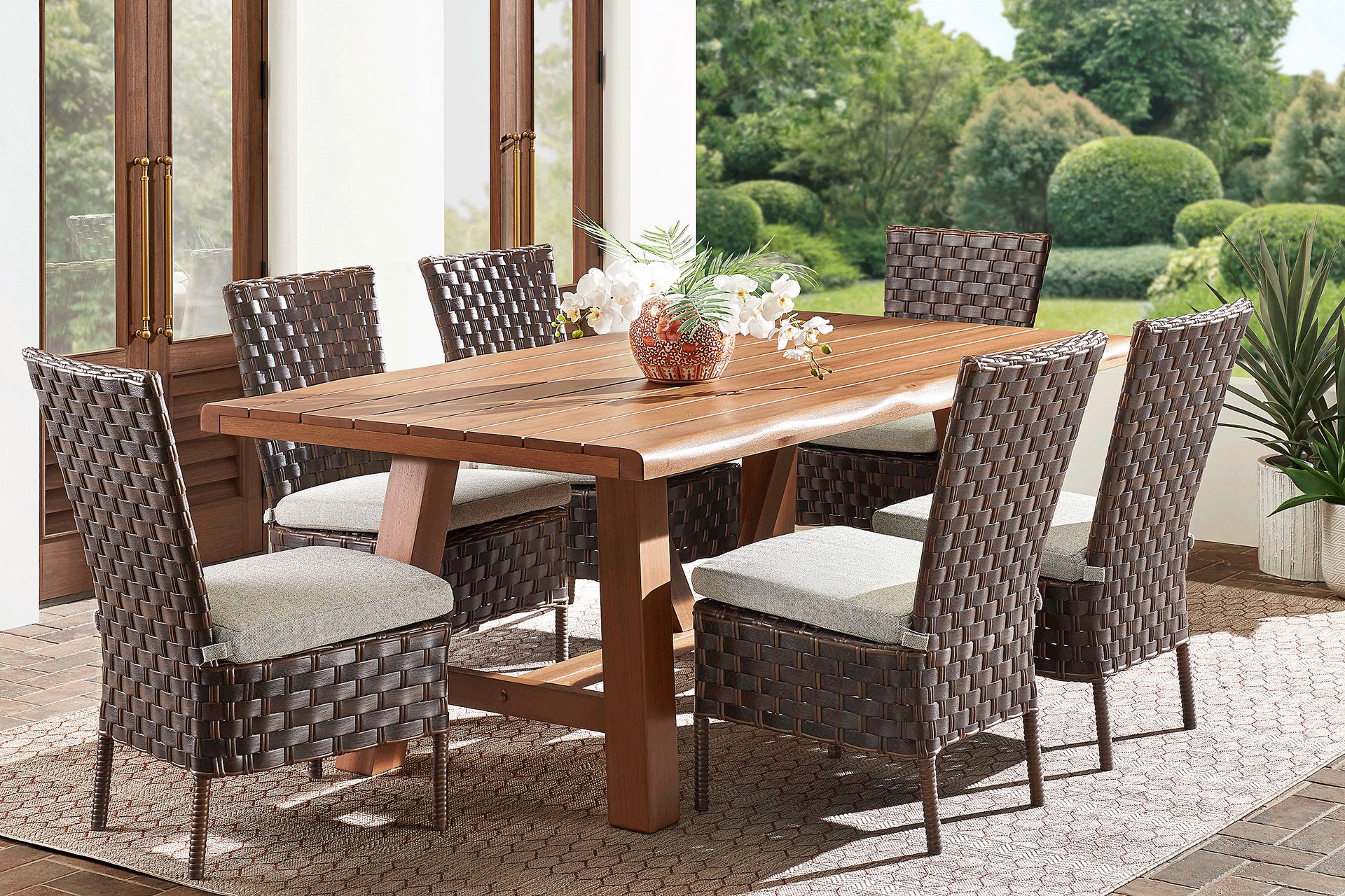 Mantra Brown 7 Pc 78 in. Wood Outdoor Dining Set with Ash Cushions - Image 1