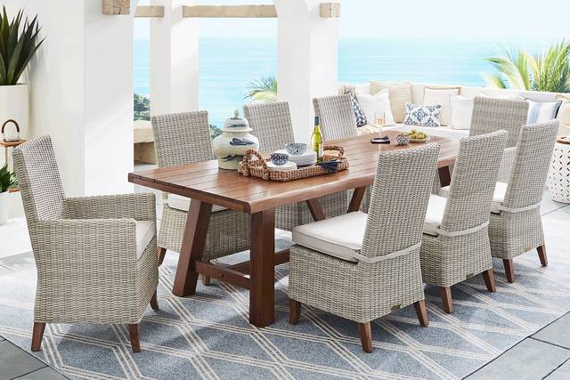 Patmos Tan 9 Pc 102 in. Rectangle Outdoor Dining Set With Linen Cushions - Thumbnail - Image 1