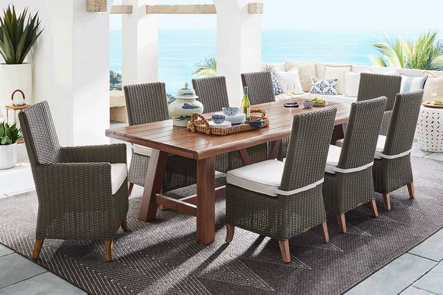 Patmos Tan 9 Pc 102 in. Rectangle Outdoor Dining Set With Linen Cushions - Thumbnail - Image 1