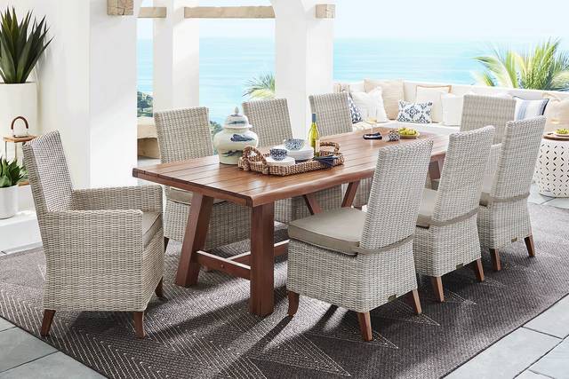 Patmos Tan 9 Pc 102 in. Rectangle Outdoor Dining Set With Mushroom Cushions - Thumbnail - Image 1