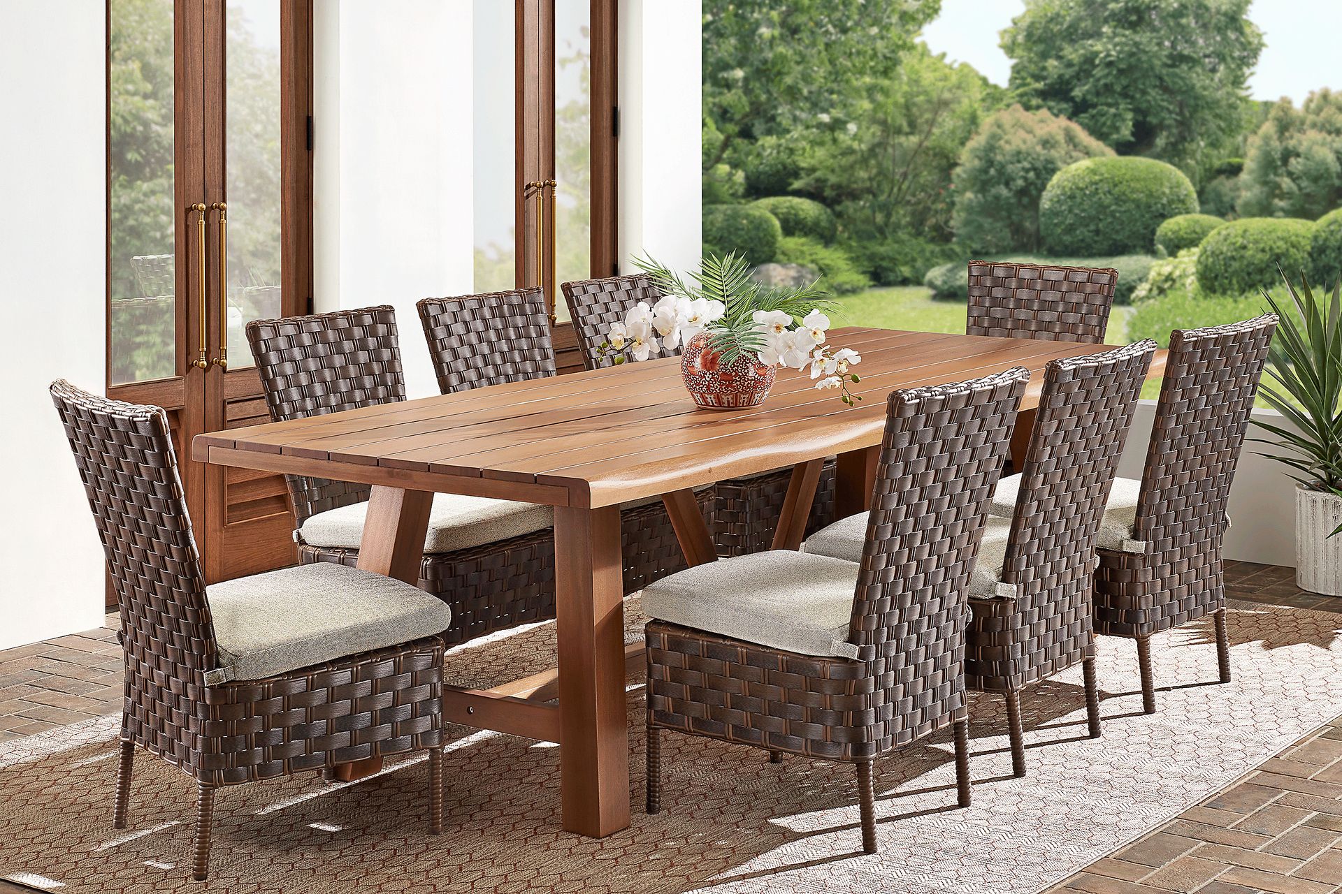 Mantra Brown 9 Pc 102 in. Wood Outdoor Dining Set with Ash Cushions - Image 1