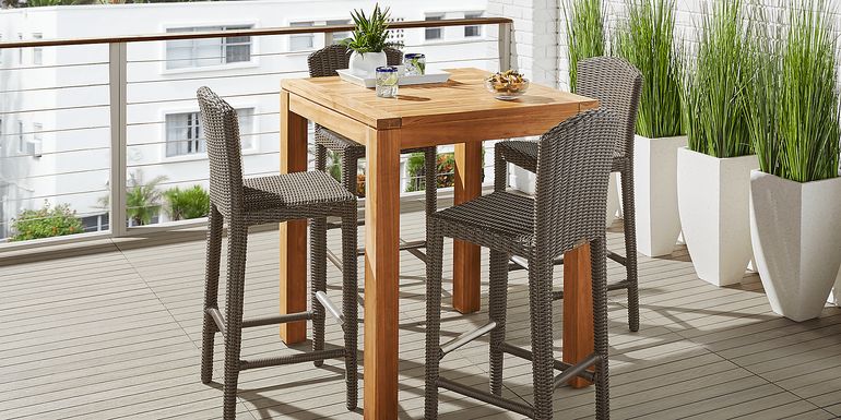 Patmos Teak 5 Pc 36 in. Square Bar Height Outdoor Dining Set with Brown Wicker Barstools