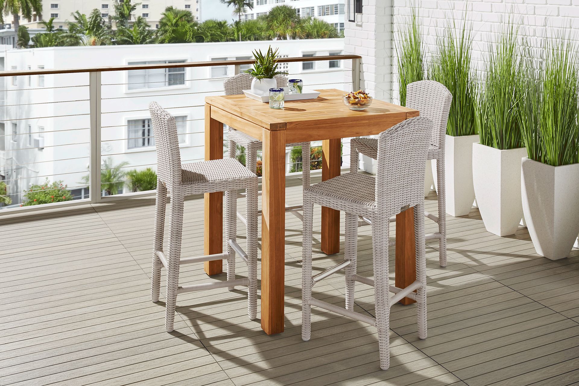 Patmos Teak 5 Pc 36 in. Square Bar Height Outdoor Dining Set with Gray Wicker Barstools - Image 1