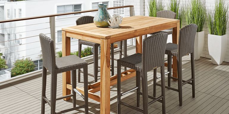 Patmos Teak 5 Pc 71 in. Rectangle Bar Height Outdoor Dining Set with Brown Wicker Barstools