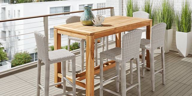 Patmos Teak 5 Pc 71 in. Rectangle Bar Height Outdoor Dining Set with Gray Wicker Barstools - Thumbnail - Image 1