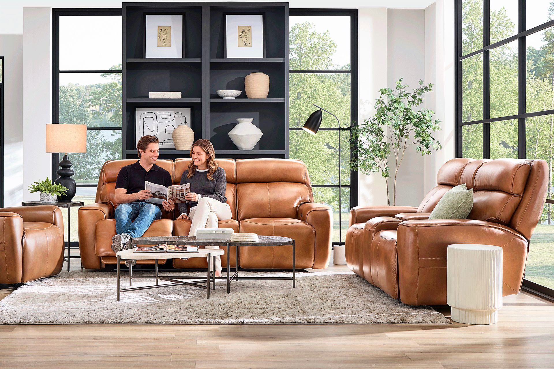 Peninsula Brown Leather 5 Pc Dual Power Reclining Living Room - Image 2
