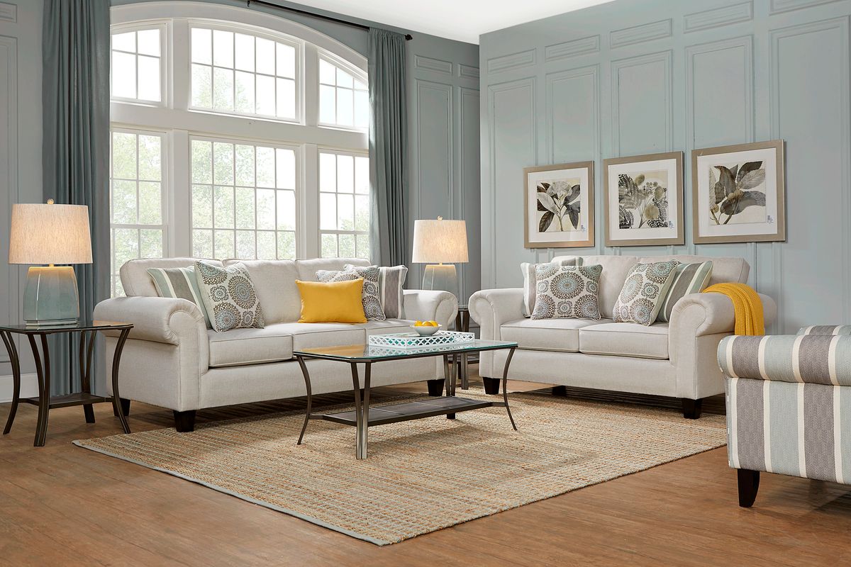 Pennington 8 Pc Sand Beige Fabric Living Room Set With Sofa, Loveseat, Accent Chair, 3 Pc Table