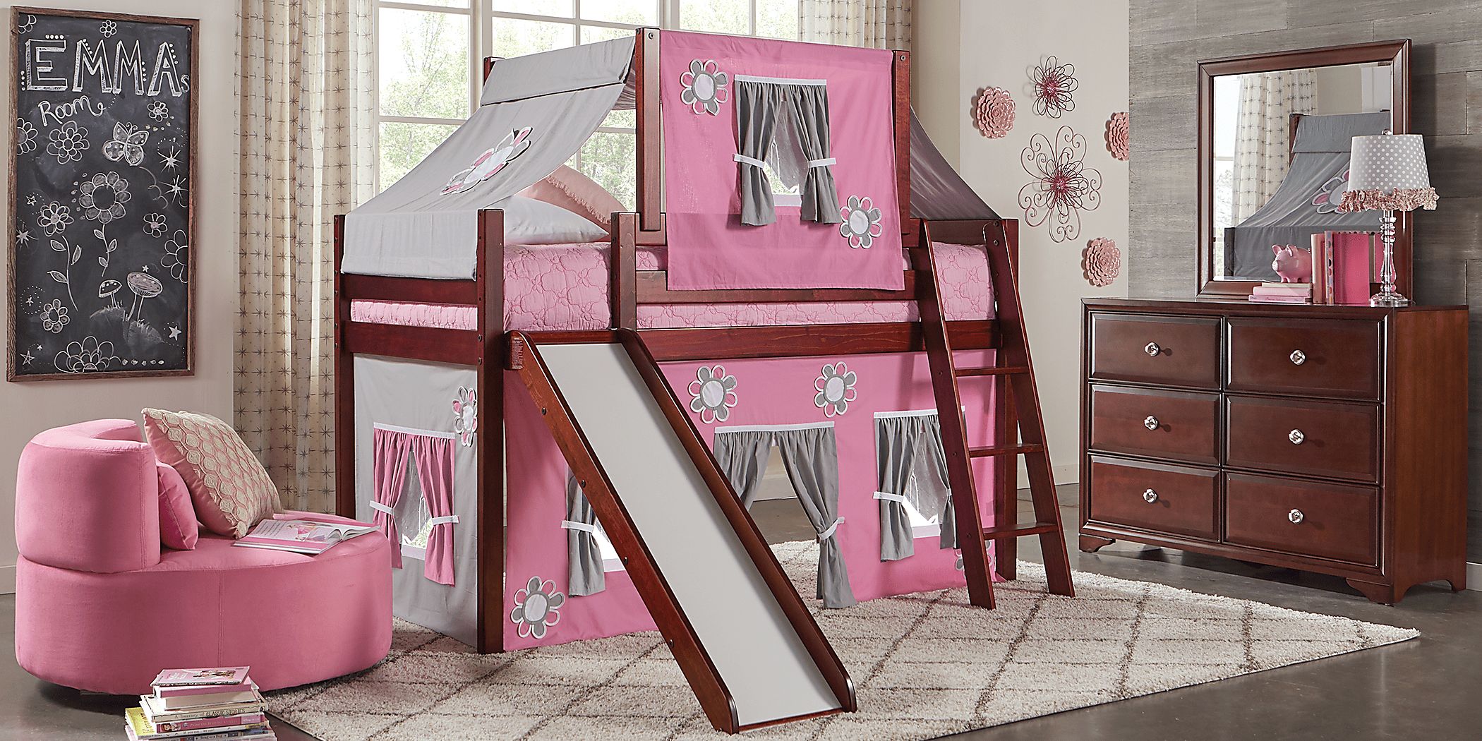 Pink Cottage Cherry Jr. Tent Loft Bed with Slide and Top Tent Rooms To Go