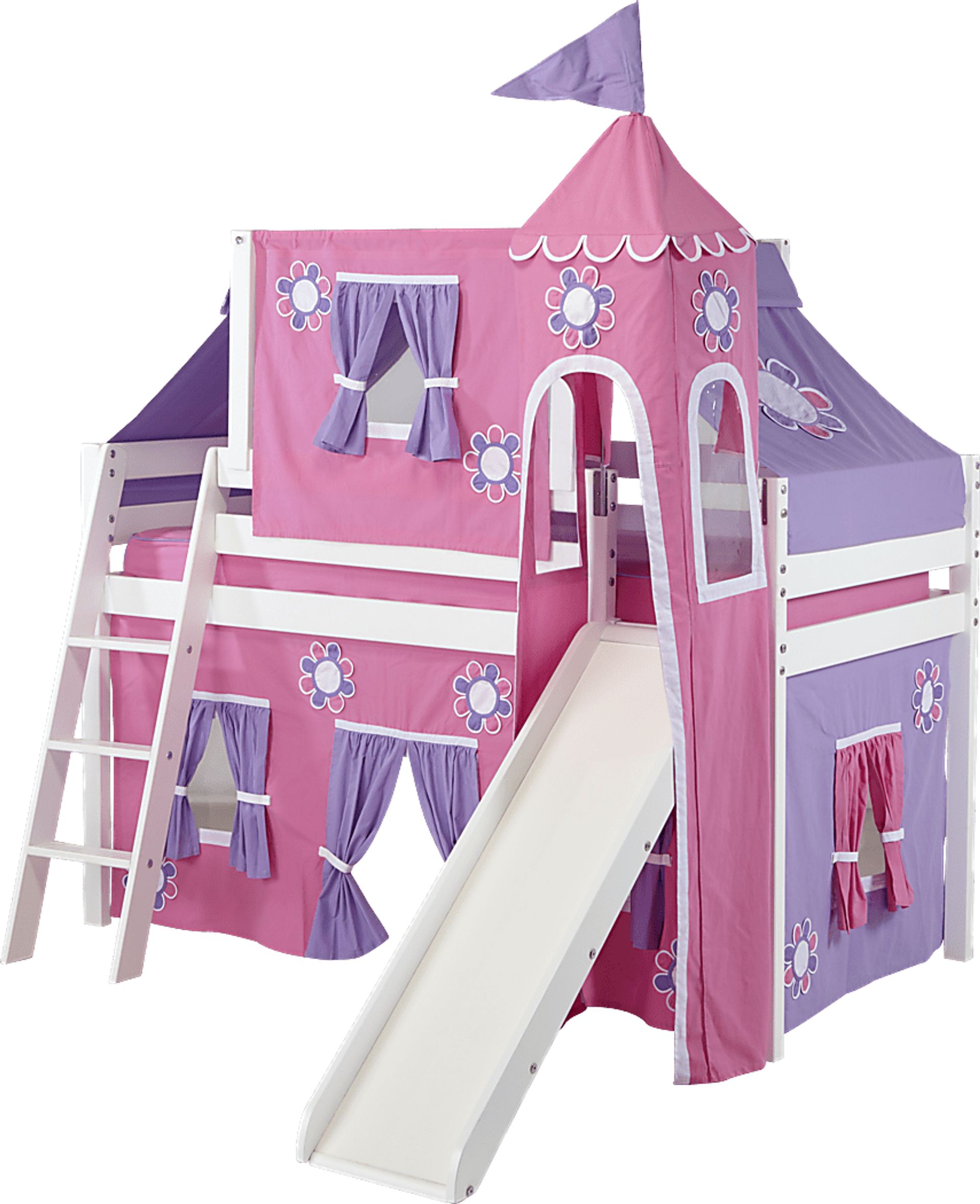 Pink Cottage White Jr. Tent Loft Bed with Slide, Top Tent and Tower - Image 1