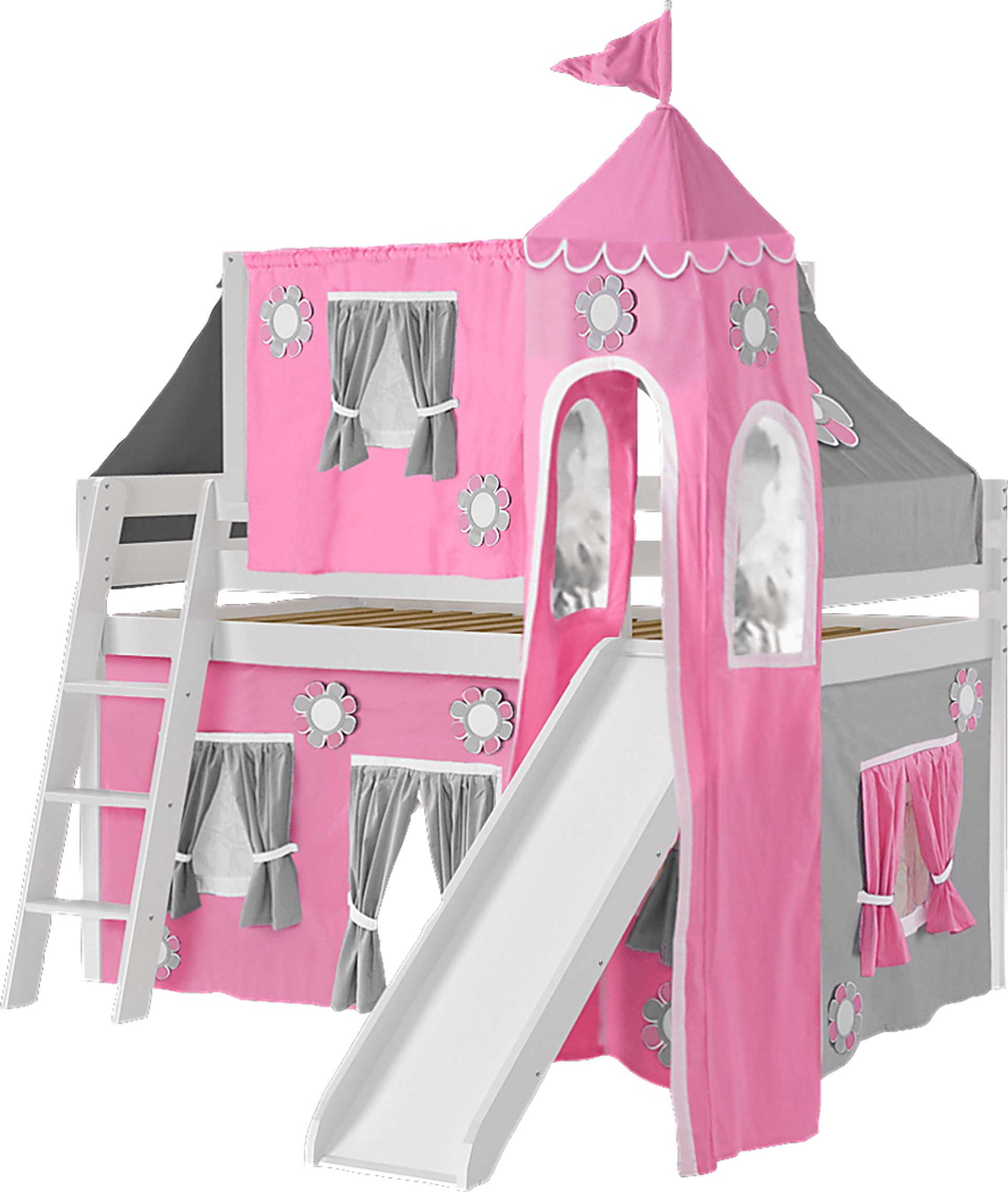 Pink Cottage White Jr. Tent Loft Bed with Slide, Top Tent and Tower - Image 1