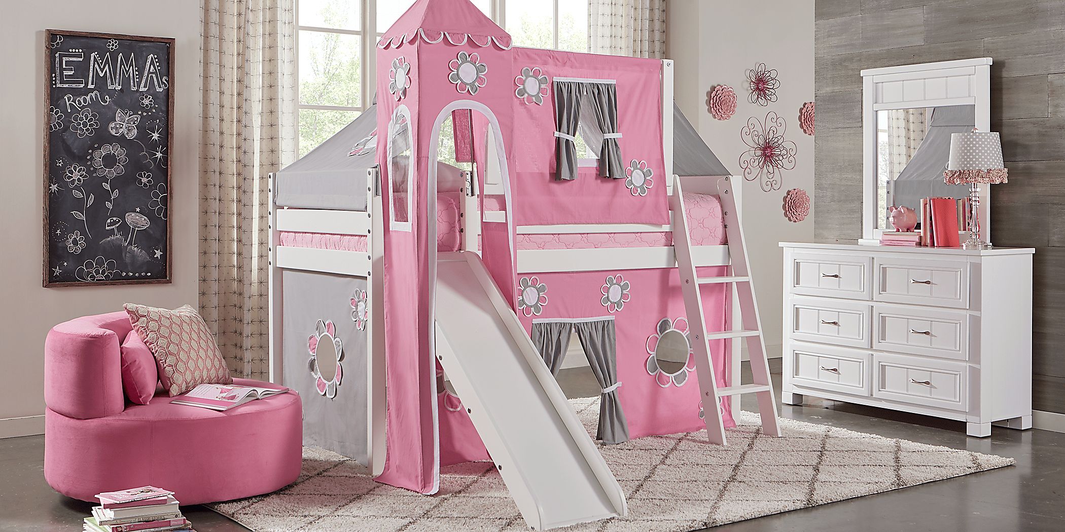 Pink Cottage White Jr. Tent Loft Bed with Slide, Top Tent and Tower