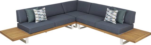 Platform Teak 3 Pc Outdoor Sectional with Denim Cushions - Thumbnail - Image 3