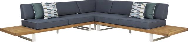 Platform Teak 3 Pc Outdoor Sectional with Denim Cushions - Thumbnail - Image 1