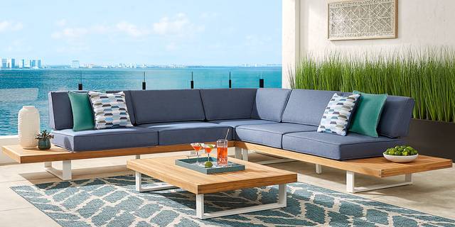 Platform Teak 3 Pc Outdoor Sectional with Denim Cushions - Thumbnail - Image 2