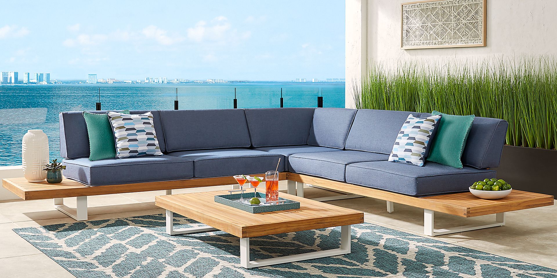 Platform Teak 3 Pc Outdoor Sectional with Denim Cushions - Image 2